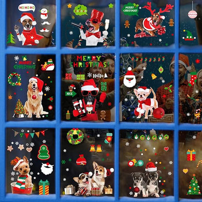 Christmas Window Cling Dog Stickers for Window Glass, 164 PCS 9 Sheets Xmas Decals Decorations Christmas Dog Tree Bells Decals for Holiday Party