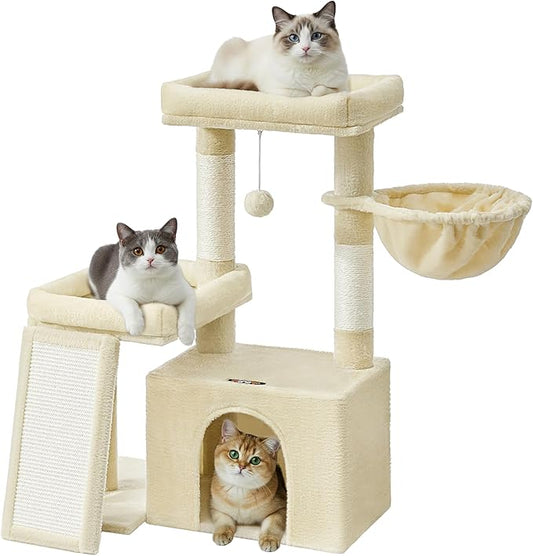 Feandrea Cat Tree, Cat Tower Condo with Scratching Posts and Ramp, 2 Large Perches, Cave, Basket, 33.8 Inches Tall, Summer Sand UPCT013LF02S