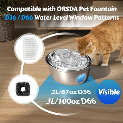 ORSDA Cat Water Fountain Filters, ONLY for D36/D66 Cat Fountain With Water Level Window, (8 Filters Replacement+4 Pump Sponges)