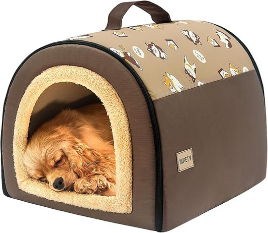 Jiupety Indoor Dog House, 2 in 1 Portable Foldable House Bed with Cover, Pet Tent & Cave Bed for Small Medium Dog, L(21"×17"×15"), Up to 16 Lb, Brown