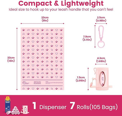 Dog Poop Bags Rolls with Retractable Poop Bag Holder, Leak Proof and Extra Thick Lavender Pet Waste Bags, 70% Recycled GRS Certified, 1 Dispenser and 105 Bags for Doggy Walking & Cat Litter