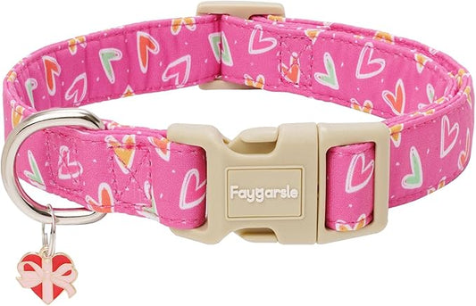 Faygarsle Valentine's Day Dog Collar, Pink Heart Pattern with Metal D-Ring and Heart Charm, Adjustable Pet Collar for Small Medium Large Dogs XS