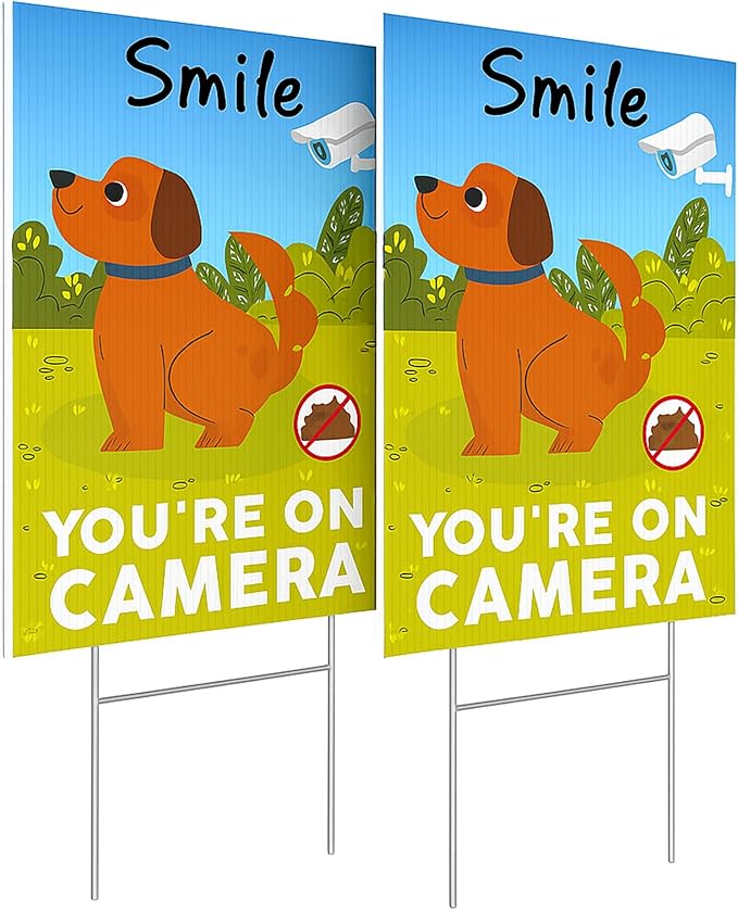 2 PC Smile You're on Camera Signs, 8x12 DS Coroplast No Dog Poop Signs for Yard, Please Curb Your Dog Sign