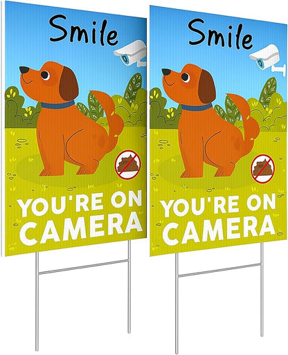 2 PC Smile You're on Camera Signs, 8x12 DS Coroplast No Dog Poop Signs for Yard, Please Curb Your Dog Sign