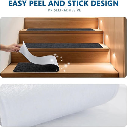 Stair Treads for Wooden Steps Indoor, KOOTETA 15 Pack 8" X 30" Non Slip Carpet Stair Treads with Reusable Adhesive for Kids Elders and Dogs, Surface Polyester TPR Backing Stair Rugs, Black