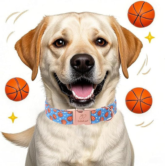 Adjustable Boy Dog Collar - Cute Blue Basketball Print Dog Collars for Medium Dogs, Durable Pet Heavy Duty Metal Buckle Collar M