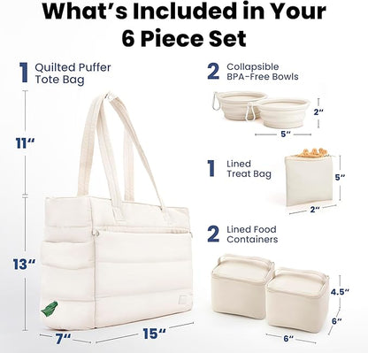 rubyloo Puffer Dog Travel Bag for Dog Moms – Doggy Diaper Bag with Pet Bowls & Food Storage or Everyday Puffy Tote – Doggy Mom Gifts for Women – Lightweight, Travel-Ready Gift for Pet Lovers – Beige