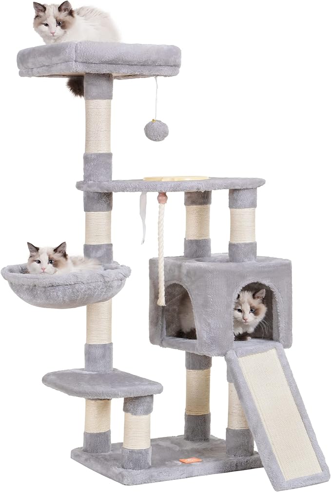 Heybly Cat Tree, Cat Tower for Indoor Cats with Scratching Board, Multi-Level Cat Furniture Condo with Feeding Bowl Light Gray HCT010SW