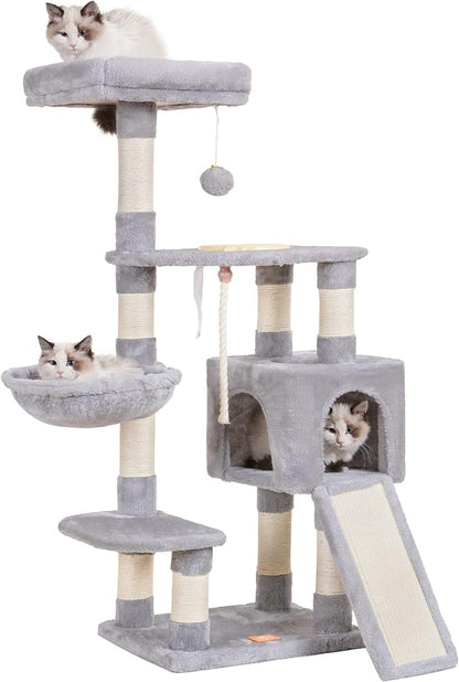Heybly Cat Tree, Cat Tower for Indoor Cats with Scratching Board, Multi-Level Cat Furniture Condo with Feeding Bowl Light Gray HCT010SW
