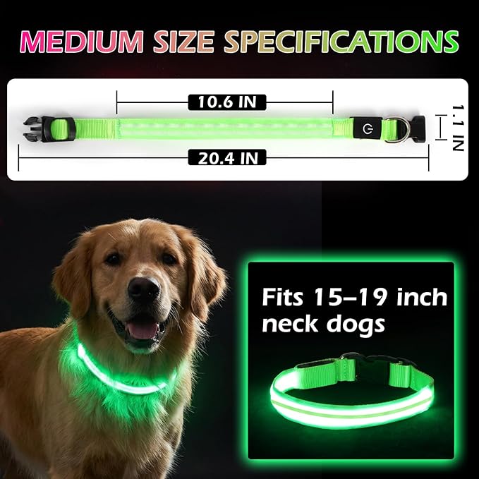 LED Light Up Dog Collar for Night Walking, Rechargeable Safety Glow Illuminated Collar with 3 Modes Flashing, Reflective Adjustable Pet Light for Small/Medium Dogs Puppy 15-19" Neck 1 Pack (Green)