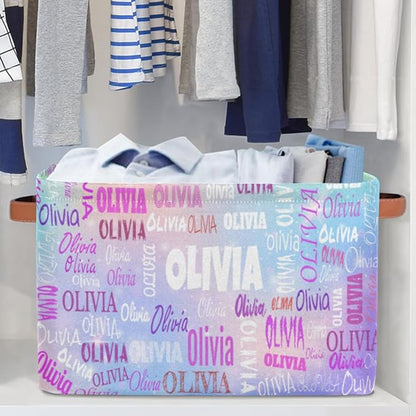 Personalized Storage Basket with Name, Rectangle Toys Storage Bin with Handles for Baby, Boys, Girls, Collapsible Basket for Clothes, Books, Light Blue Purple Colorful Galaxy