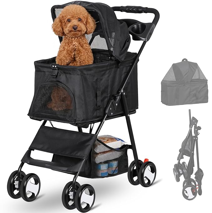4 Wheels Dog Stroller with Detachable Carrier Folding Pet Strolling Cart for Small Medium Cats Puppies with Storage Basket Cup Holder, Black
