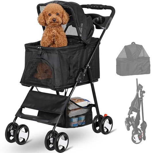 4 Wheels Dog Stroller with Detachable Carrier Folding Pet Strolling Cart for Small Medium Cats Puppies with Storage Basket Cup Holder, Black