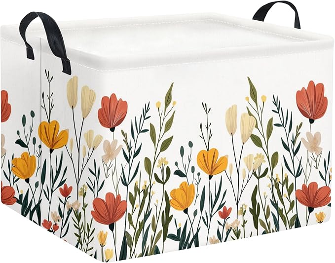 Rectangular Baby Kids Storage Basket for Home Kitchen Girls Cute Toy Storage Bin Organizer Shelf Book Room Decor(Fall Flower)