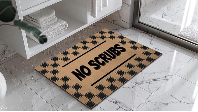 Funny Welcome Doormat (23.7 in X 15.6 in) Anti-Slip Rubber Back Entrance Way Indoor Front Porch Decor Rugs House Warming Gift (No Scrubs Door Sign Black Striple)