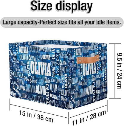Personalized Storage Bins, Customized Name Storage Basket Rectangle Clothes Organizer for Organizing Kids and Pets Toys Shelf Closet, Blue Geometric Square