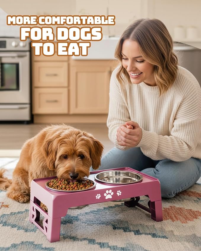 Elevated Dog Bowls for Small Dogs and Cats, Dog Feeder with 2 Thick 5.5" Stainless Steel Dishes, Non-Slip 2 Heights Adjustable to 2.6"-5.3"