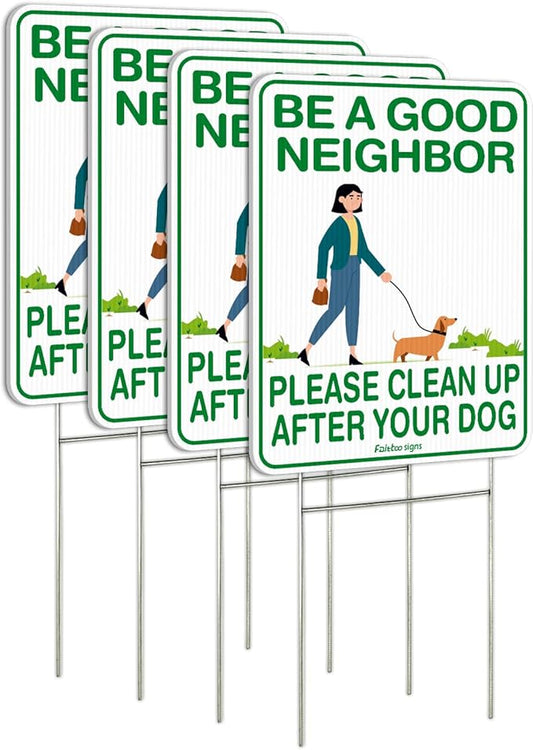 Faittoo Clean Up After Your Dog Signs, (4 Pack) 12"x9" Double Sided with Metal H-Stake No Poop Signs for Lawn, No Pooping Dog Signs for Yard Waterproof, Weather Resistant, Easy to Mount