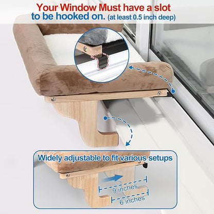 Zakkart Cat Perch for Window Sill with Bolster - Orthopedic Hammock Design with Premium Hardwood & Robust Metal Frame - Cat Window Seat for Large Cats and Kittens - Natural Color Wood Brown Bed, 24''W