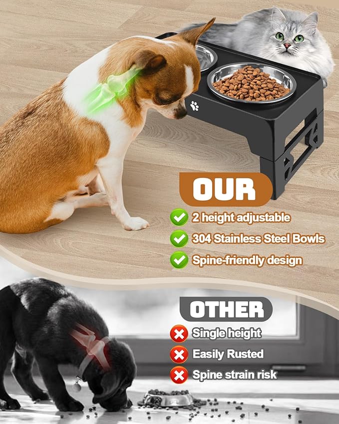 Elevated Dog Bowls for Small Dogs and Cats, Dog Feeder with 2 Thick 5.5" Stainless Steel Dishes, Non-Slip 2 Heights Adjustable to 2.6"-5.3"