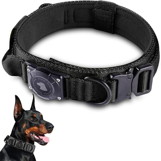 2026 Upgrade Waterproof AirTag Dog Collar, Military Tactical Dog Collar with AirTag Holder, Comfortable Control Handle and Metal Buckle, GPS Dog Collar Holder for Medium to Large Dogs (Black, XL)