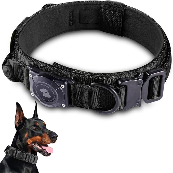 2026 Upgrade Waterproof AirTag Dog Collar, Military Tactical Dog Collar with AirTag Holder, Comfortable Control Handle and Metal Buckle, GPS Dog Collar Holder for Medium to Large Dogs (Black, M)