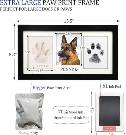 MYPAWLETS Extra Large Paw Print Frame Kit,Dog/Cat Paw Print Kit,Soft Pawprint Clay&Clean Touch Ink Pad,Pet Paw Print Impression Kit with Customization Tool,Wooden Pet Memorial Frame-Black