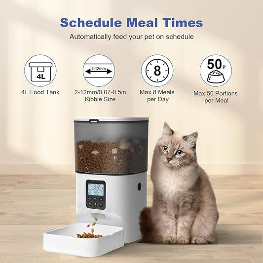 Automatic Cat Feeder, Cat Food Dispenser with 10s Voice Recorder, Pet Feeder up to 8 Meals per Day, Timed Feeder with Dry Food Sealed Ring (Jade White, 4L-Basic)