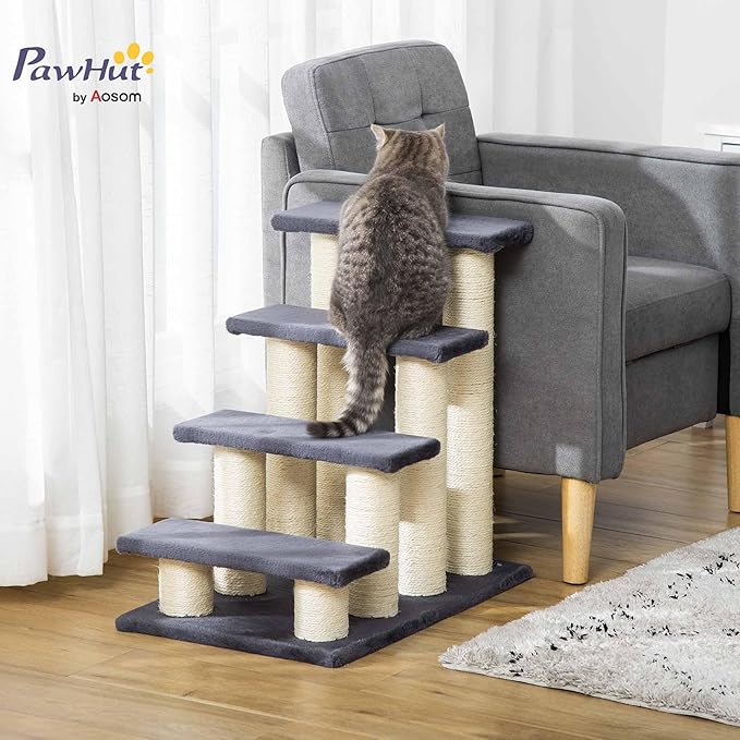 PawHut Cat Tree with 4 Steps for High Beds Couch, Cute Stair Shaped Cat Tree for Indoor Cats or Dogs w/Sisal Scratching Post, Climbing, Playing, Gray