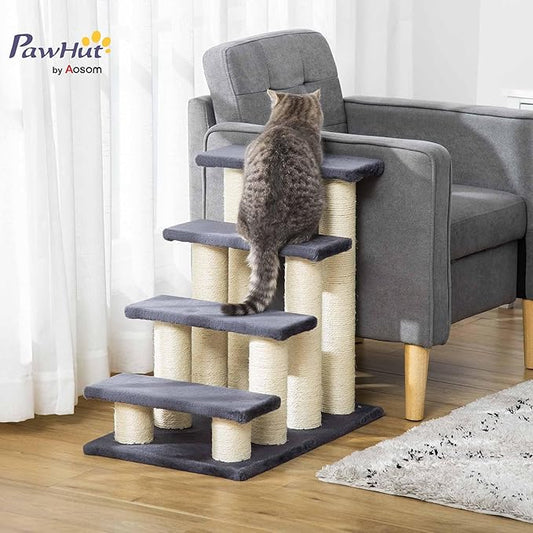 PawHut Cat Tree with 4 Steps for High Beds Couch, Cute Stair Shaped Cat Tree for Indoor Cats or Dogs w/Sisal Scratching Post, Climbing, Playing, Gray