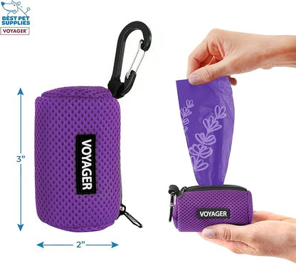 Best Pet Supplies Dog Poop Bag Holder Leash Attachment with 15 Bags, Purple, Reusable Mesh Dispenser Pouch for Travel, Walking, Park, and Outdoor Use, Soft and Durable with Clip-On