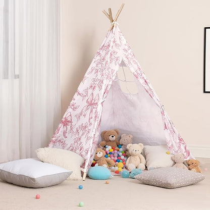 Floral Bow Teepee Tent Indoor Play Tent Coquette Playhouse Foldable Teepee for Indoor Reading Nook Room Decor