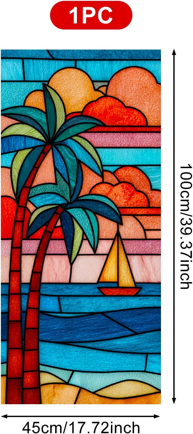 Summer Beach Palm Trees Window Cling 18 x 39 Inch Stained Glass Decorative Privacy Film PVC Sailboat Ocean Sunset Glass Panel Vertical Home Decor