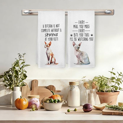 Funny Sphynx Cat Kitchen Towels, Sphynx Cat Mom Lady Lovers Gifts for Women Hand Towels, Gifts for Pet Lovers Dishcloths Dish Towel for Kitchen 16x24 Inches Set of 2