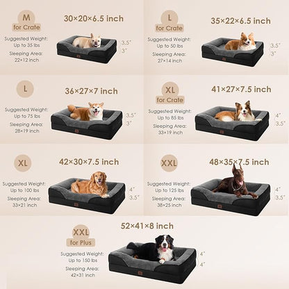 EHEYCIGA Orthopedic XL Dog Bed for Large Sized Dog, 48x35x7.5 Inch Extra Large Memory Foam Dog Couch Bed with Sides, Waterproof Liner & Washable Removable Cover, Bolster Pet Sofa, Grey/Black