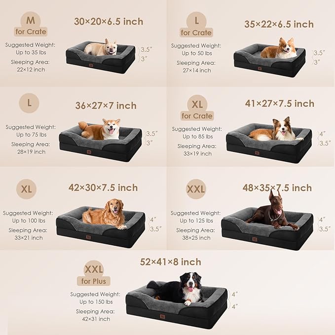 EHEYCIGA Orthopedic Dog Bed for Medium Dog, 35x22x6.5 Inch Memory Foam Dog Couch Bed with Sides, Waterproof Liner & Washable Removable Cover, Bolster Pet Sofa, Grey/Black