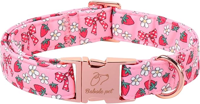 Strawberry Bow Dog Collar, Spring/Summer Pink Girl Dog Collars, Adjustable Heavy Duty Girly Female Dogs Collars for Small Medium Large Dogs with Metal Buckle XS