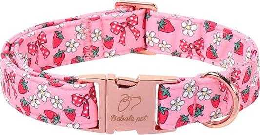 Strawberry Bow Dog Collar, Spring/Summer Pink Girl Dog Collars, Adjustable Heavy Duty Girly Female Dogs Collars for Small Medium Large Dogs with Metal Buckle XS