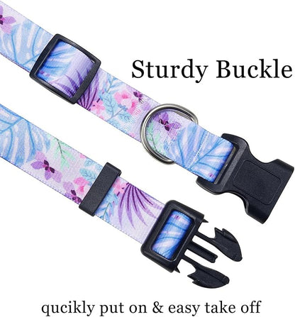 Dog Collar and Leash Set with Bohemia Floral Tribal Geometric Patterns - Soft Ethnic Style Collar Adjustable for Small Medium Large Dogs(Purple Flower Flower Set,M)