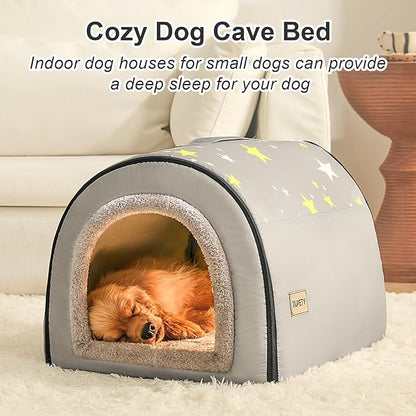 Jiupety Indoor Dog House, 2 in 1 Portable Foldable House Bed with Cover, Pet Tent & Cave Bed for Small Medium Dog, L(21"×17"×15"), Up to 16 Lb, Grey