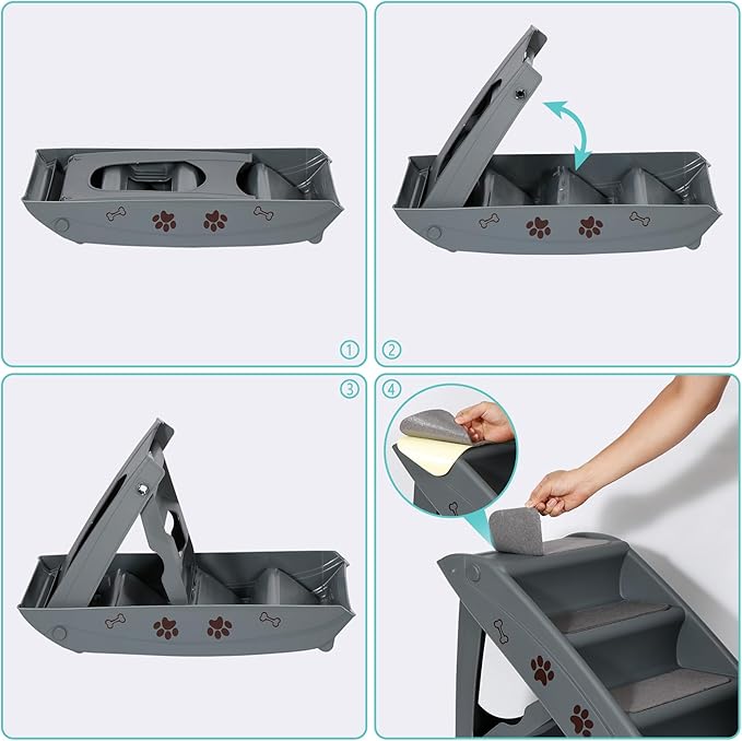 LEMY Foldable Pet Ladder,Pet Stairs with 4 Steps,Plastic Anti-Slip Pet Furniture Pet Dog Steps for Small/Old Dog,Grey