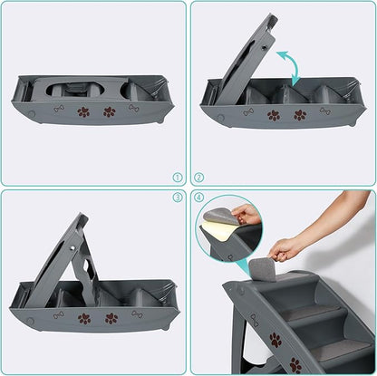 LEMY Foldable Pet Ladder,Pet Stairs with 4 Steps,Plastic Anti-Slip Pet Furniture Pet Dog Steps for Small/Old Dog,Grey