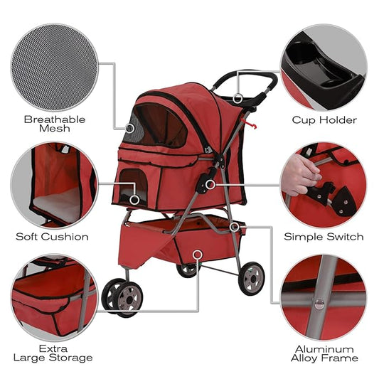 HCY Folding Dog Stroller, 3 Wheels Cat Strollers Pet Gear for Small Medium Cats Dogs Puppy with Storage Basket, Cup Holder,Lightweight-Red, 35.04 inch x17.32 inch x38.58 inch