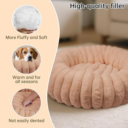 Donut Dog and Cat Bed, Luxurious Comfortable Faux Rabbit Fur Pet Beds, Round Anti-Anxiety Calming Puppy Kitten Bed with Anti-Slip Bottom for Small Medium Large Dogs & Cats(31", Brown)
