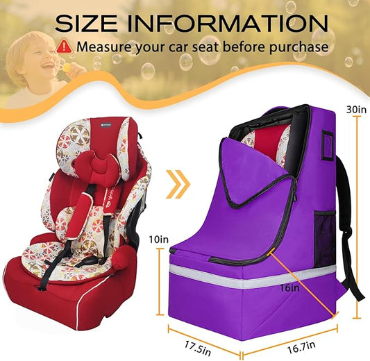LARIPOP Car Seat Travel Bag for Airplane Gate Check Approved, Padded Backpack with Adjustable Straps, Reflective Strips & Protective Feet for Infant Convertible Booster Seats, Purple