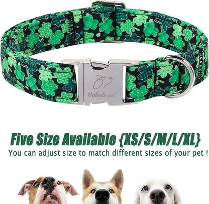 St. Patrick's Day Dog Collar, Lucky Clover Dog Collars, Adjustable Heavy Duty Irish Festive Pet Collar for Small Medium Large Dogs with Metal Buckle XS