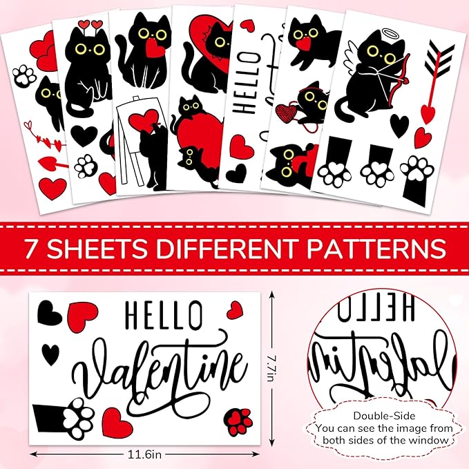 Whaline Valentine Window Clings Window Stickers Double-Sided Black Cat Red Heart Large Glass Decals for Wedding Anniversary Party Decoration, 7 Sheets