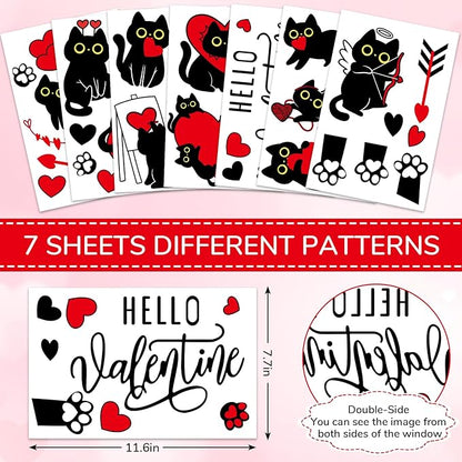 Whaline Valentine Window Clings Window Stickers Double-Sided Black Cat Red Heart Large Glass Decals for Wedding Anniversary Party Decoration, 7 Sheets
