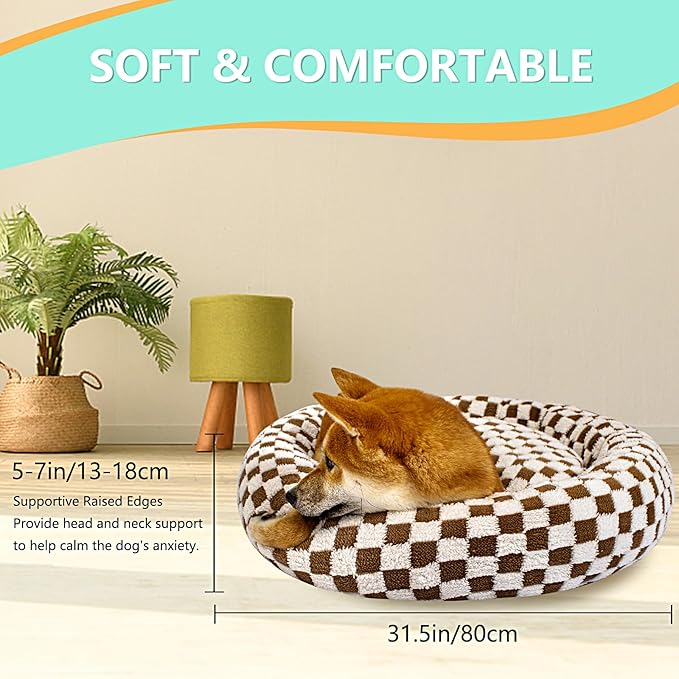 31 Inch Calming Dog Bed for Medium Dogs, Round Anti-Anxiety Warm Bed, Soft Cozy Anti-Slip Donut Washable Pet Bed, Fits up to 50 lbs Pets