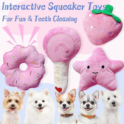 Small Dog Toys, Squeaky Dog Toy for Small Dogs- Pink Cute Puppy Toys, 4 Packs Pet Chew Toys for Fun, Interactive Dog Plush Toys for Puppies, Dog Squeak Toys